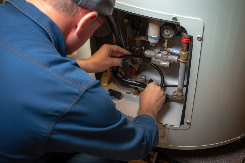 plumber fixing a boiler inside a house