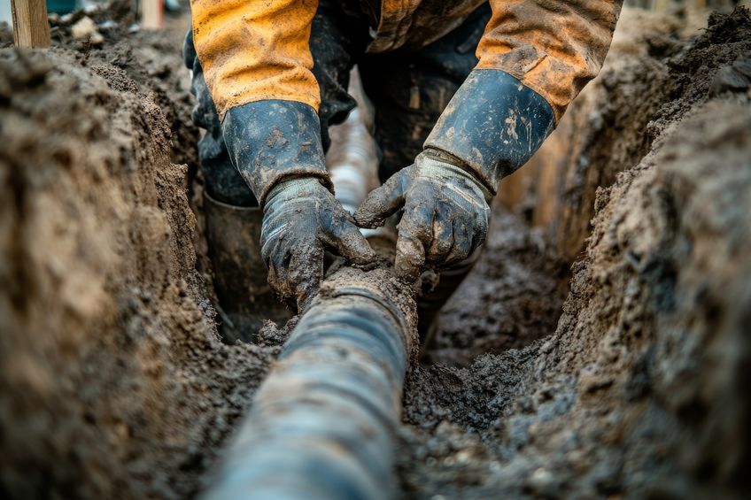 Water Line Repair Replacement A worker in muddy gloves repairs a large pipe in a trench filled with wet soil.